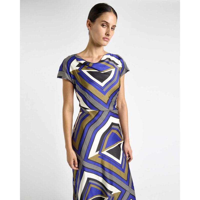 Cue Cobalt Tile Draped Neck Asymmetric Dress image number 3